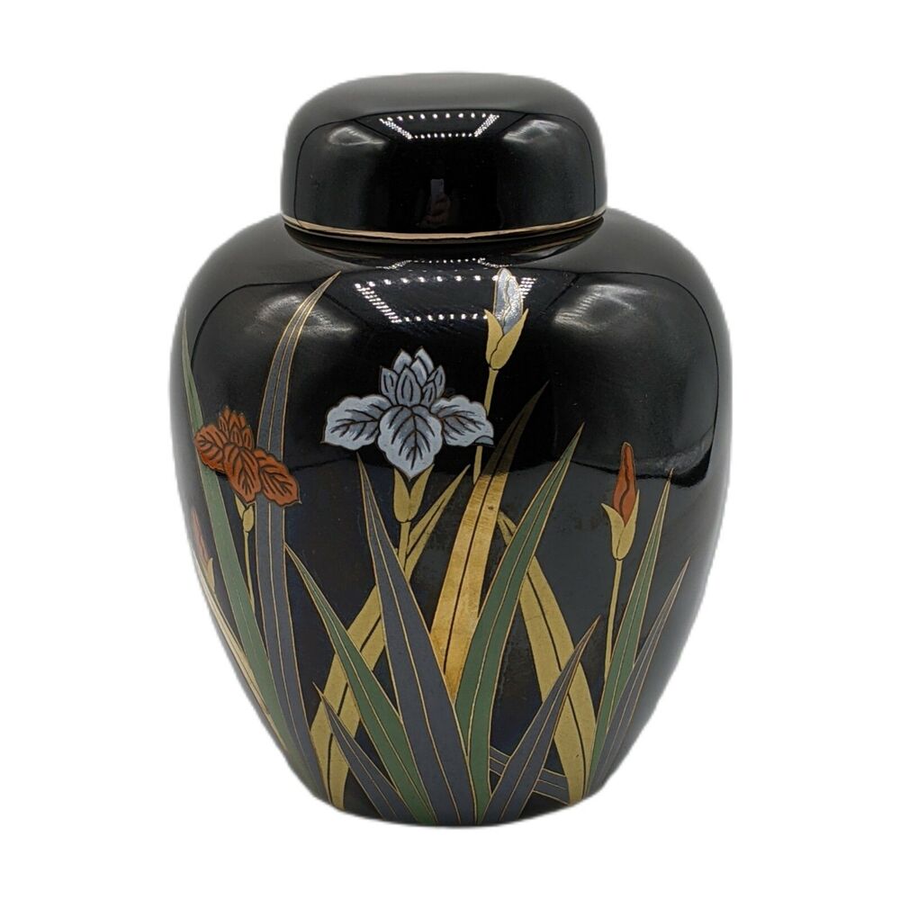 Otagiri Ginger Jar Black Vintage Orange and White Iris Flowers Gold Trim Japan